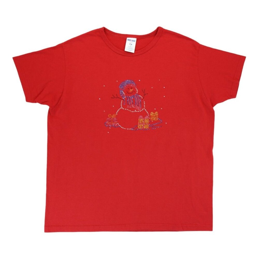 Vintage Jerzees Women's T-Shirt Red Rhinestone Christmas Snowman Size XL